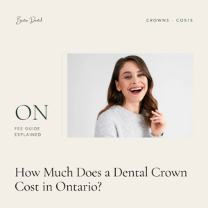 Smiling woman in gray sweater - dental crown cost guide for Ontario, Barton Dental