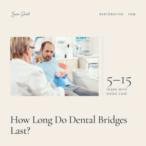 Dentist showing patient a denture model in dental office - how long do dental bridges last, Barton Dental