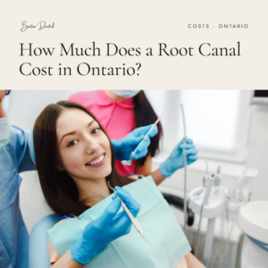Smiling patient in dental chair with dental tools nearby - root canal cost guide for Ontario, Barton Dental