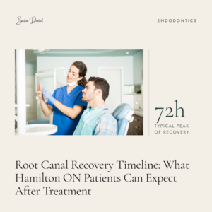 Dental hygienist showing X-ray to male patient in dental chair - root canal recovery timeline for Hamilton ON patients, Barton Dental