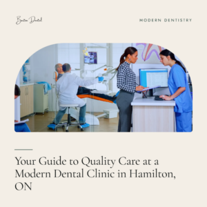 Dental staff reviewing patient records at front desk with treatment room in background - guide to quality care at a modern dental clinic in Hamilton ON, Barton Dental