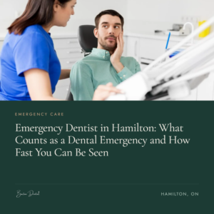 Man holding his cheek in pain while dental hygienist looks on - what counts as a dental emergency in Hamilton and how fast you can be seen, Barton Dental