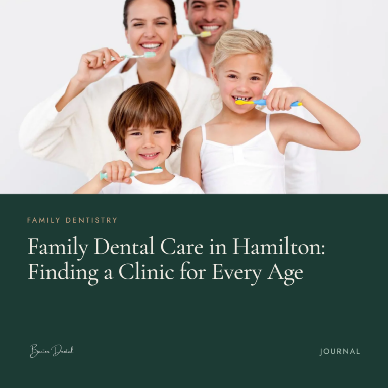 Family of four brushing their teeth together and smiling - finding a family dental clinic in Hamilton for every age, Barton Dental