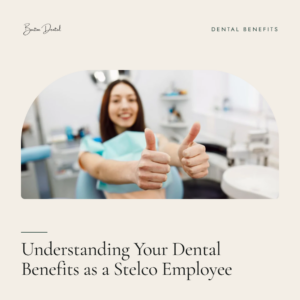 Patient in dental chair giving two thumbs up - understanding dental benefits as a Stelco employee, Barton Dental