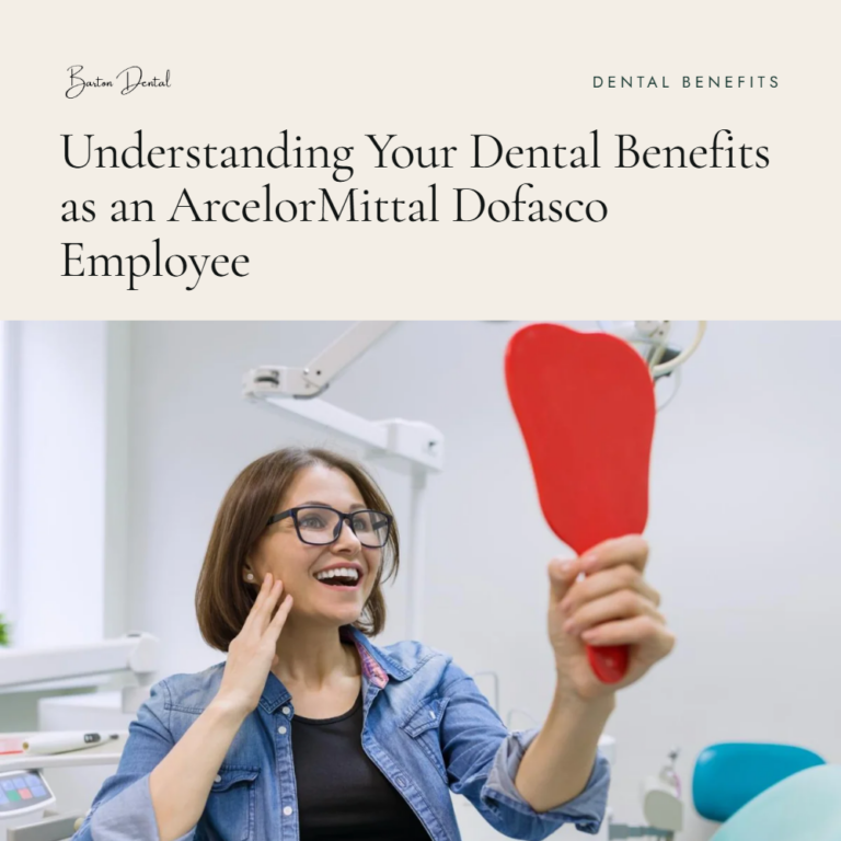 Smiling woman holding a red hand mirror in dental chair - understanding dental benefits as an ArcelorMittal Dofasco employee, Barton Dental